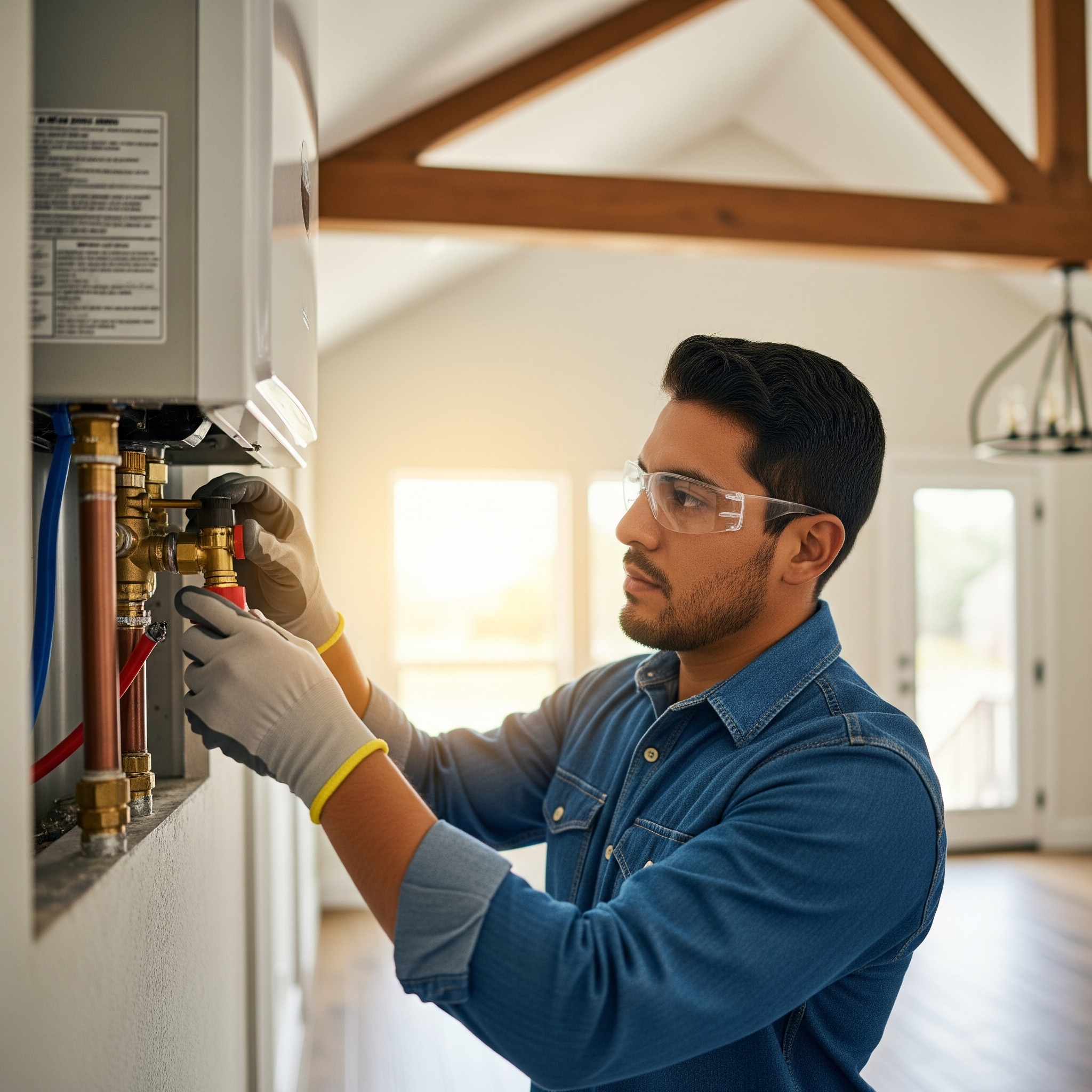 Plumber installing a water heater